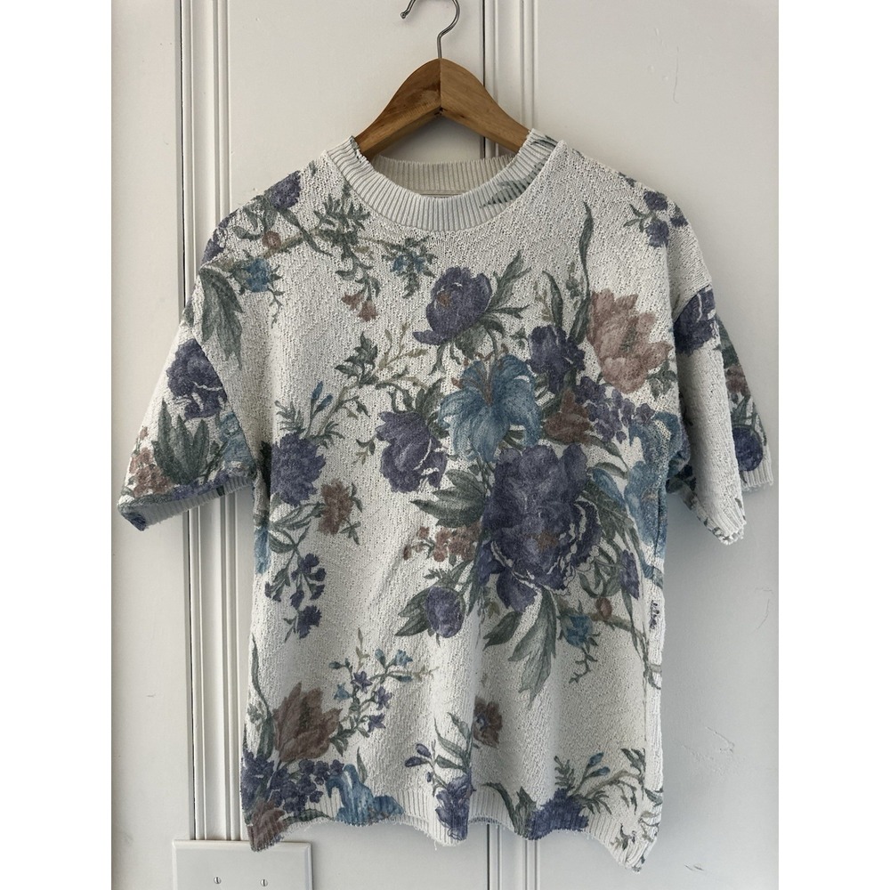 Vintage Floral Knit Sweater Made USA Cottagecore Tapestry‎ Short Sleeve Womens L